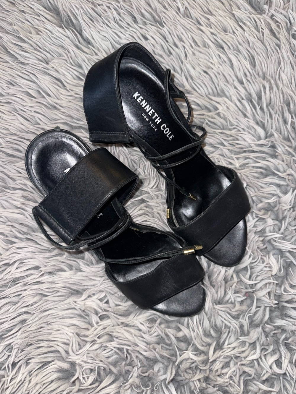 Kenneth Cole Black Strappy Block Heel Sandals with Ankle Wrap